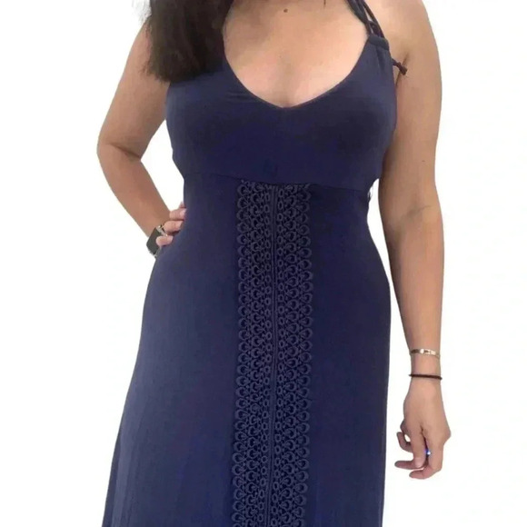 L*Space Navy Crochet Front Halter Tie Neck Long Cut Out Maxi Dress Size Medium M - Picture 4 of 4